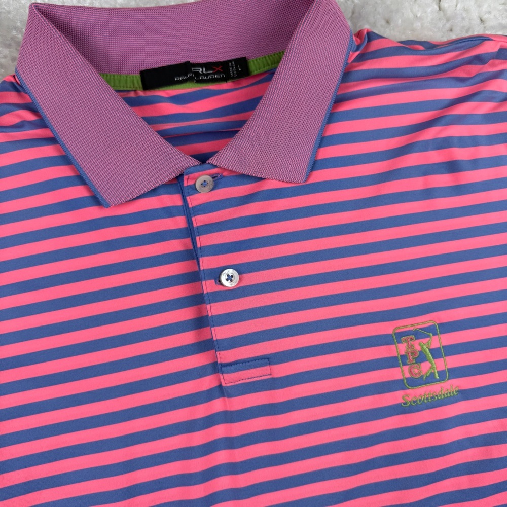 RLX Ralph Lauren Golf Polo Shirt Mens Large Pink Blue Striped TPC Scottsdale